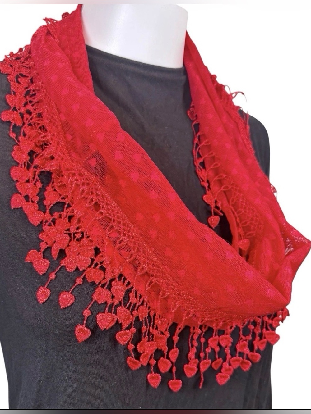 Lace Infinity Scarf Red Heart Tassels Fringe Wrap